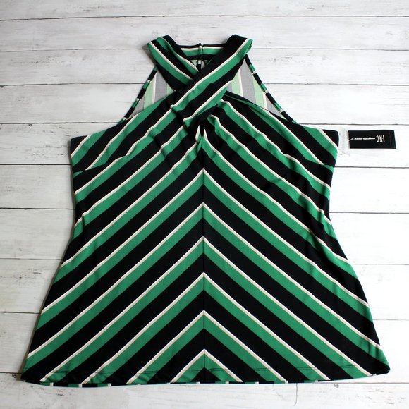 INC Vintage Womens Sleeveless Blouse Size L Green Black Front Wrap - Picture 1 of 6